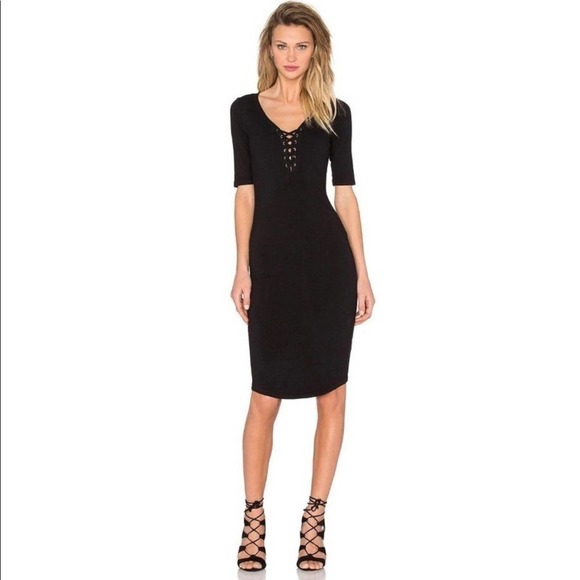 Monrow Lace Up Vee Neck Elbow Length sleeve Tee Shirt Dress Black SZ XS - Picture 1 of 7